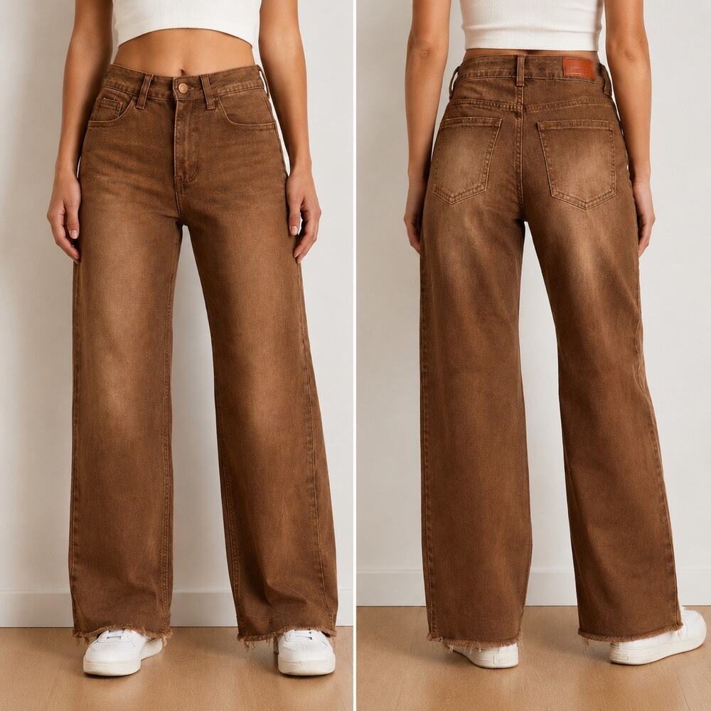SIDEFEEL Brown Wide Leg Jeans Women Size 4 Short High Rise Raw Hem Stretch Denim